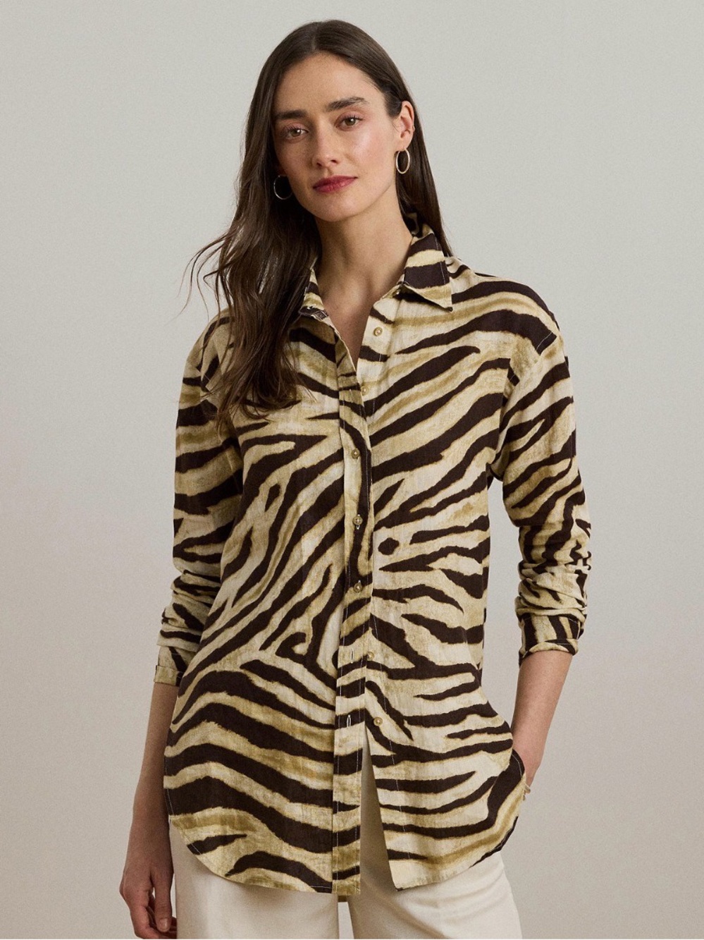 Lauren Ralph Lauren Women's Relaxed-Fit Zebra-Print Linen Shirt XXL